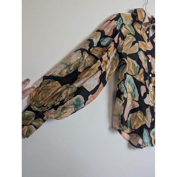 Luxxel Womens S Black Abstract Floral Button Down Button Cuff Long Sleeve Blouse - Picture 4 of 9